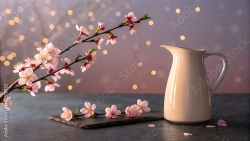 Peach Blossom Branch with Ceramic Pitcher and Soft Bokeh Lights on Dark Table