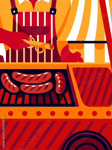 Grilling sausages at a vibrant summer festival, with colorful tents and street food stalls creating a lively atmosphere of celebration and enjoyment