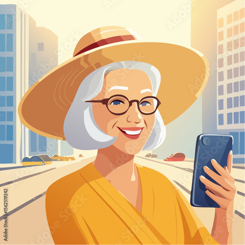 Senior fashion blogger woman in stylish yellow outfit takes selfies with smartphone on sunny city street, showcasing vibrant urban lifestyle and personal expression