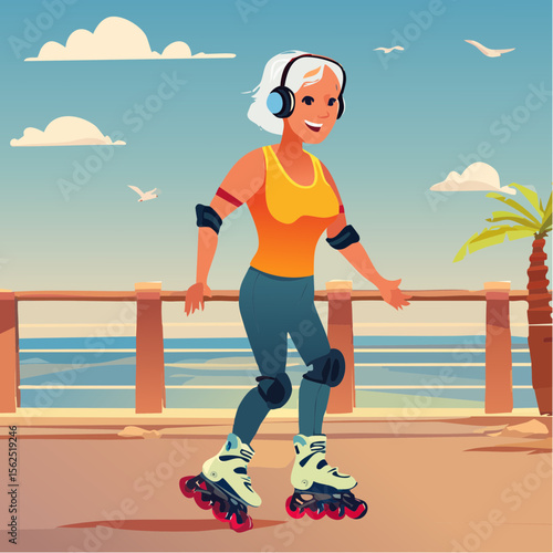 Senior woman rollerblading on promenade in trendy sportswear, wearing wireless headphones, enjoying active lifestyle with vibrant scenery and joyful expression