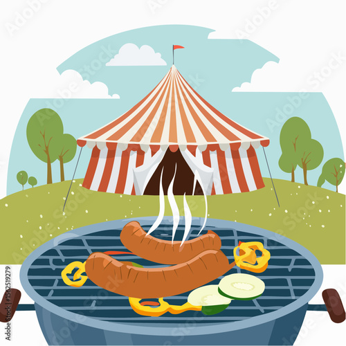 Grilled sausages sizzling on barbecue with colorful vegetables, Germany Summer Festivals tent in background, showcasing vibrant summer atmosphere and street food culture