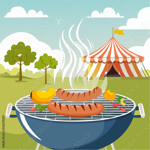 Grilled sausages and colorful vegetables sizzling on barbecue grill, with Germany Summer Festivals tent and green trees in background, capturing vibrant summer festival atmosphere