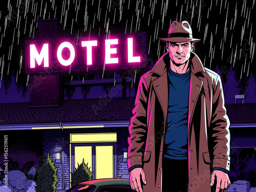 Front View Noir Illustration Of A Detective in Rain at Motel With Neon Sign