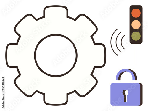 Gear icon alongside traffic signal with active signals and locked padlock symbolizing security, automation, and control. Ideal for technology, process management, safety, system monitoring, access