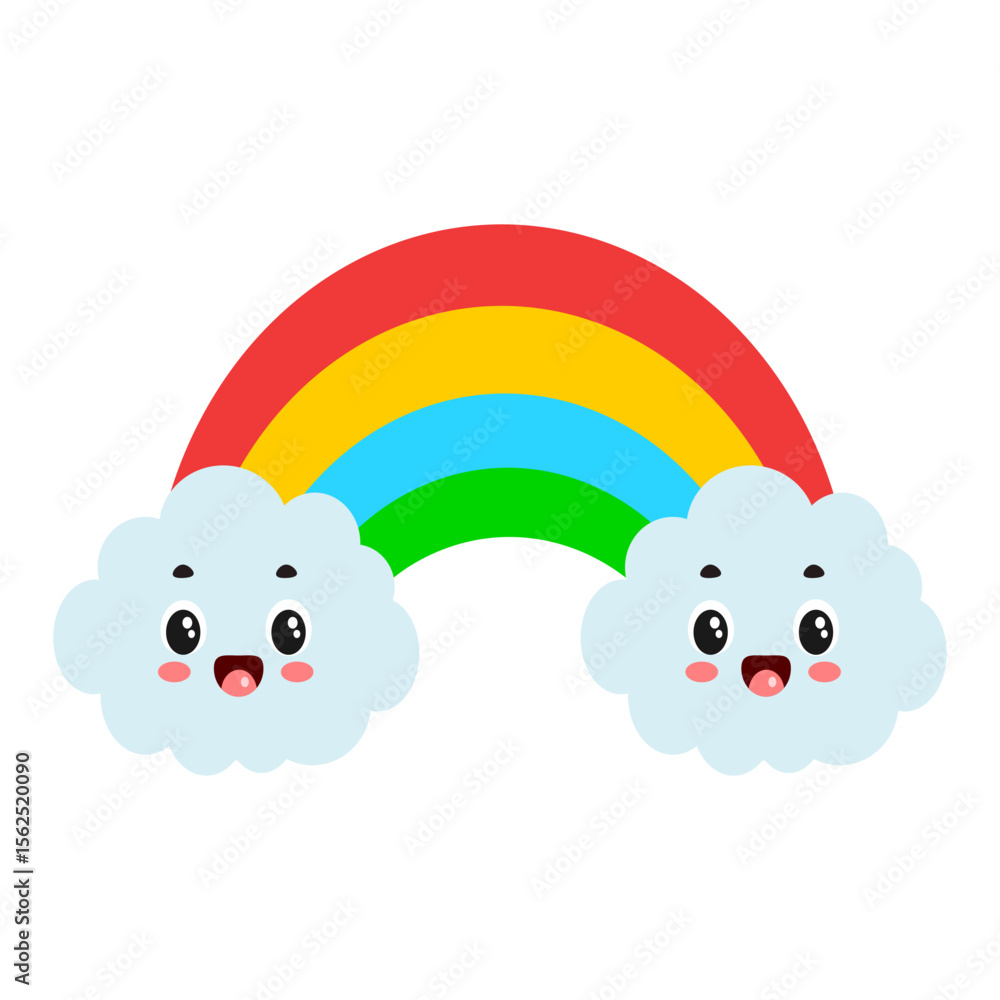 Fototapeta premium Cute kawaii rainbow with smiling face – cartoon weather vector illustration for kids