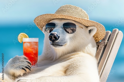 In a 3d illustration, a polar bear dons a hat and glasses as it relaxes on the beach in a chaise longue, drinking orange juice