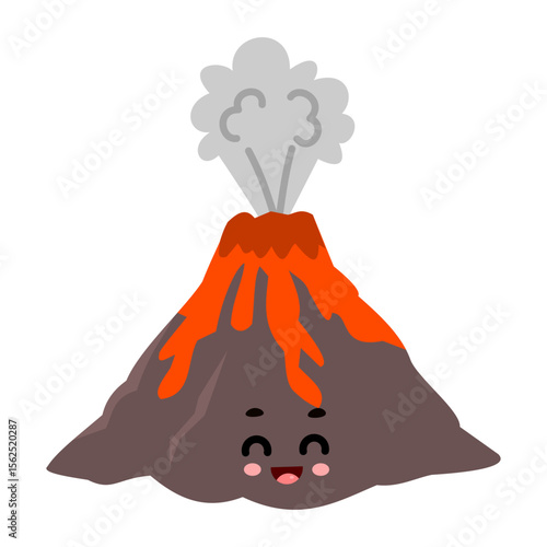 Cute kawaii volcano with happy face – cartoon nature vector illustration for kids