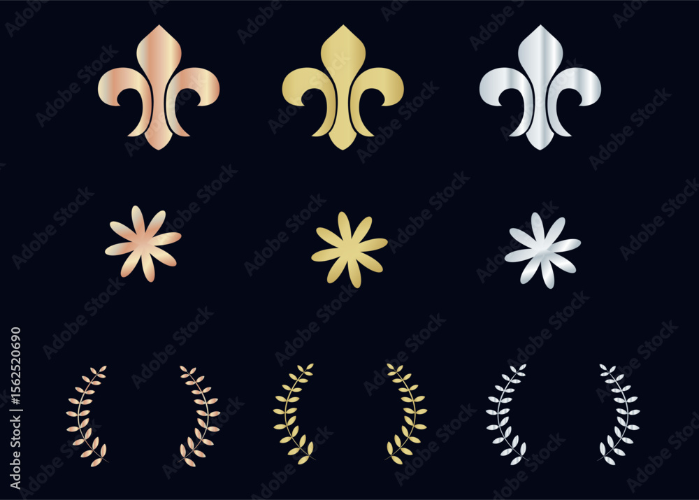 Obraz premium Golden decorative elements set with lily, flower, laurel branches, gold, bronze, silver