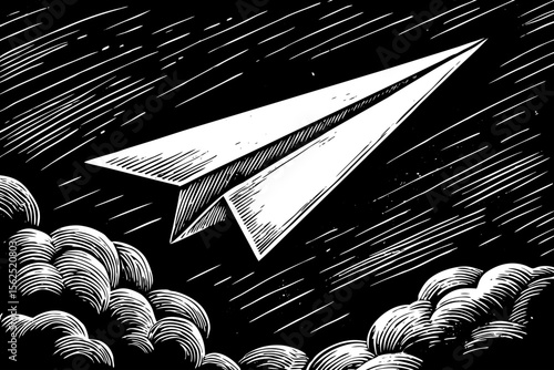 small paper airplane soaring with motion lines, great for travel blogs, childhood memories illustrations or freedom-themed tattoos a black and white line art illustration