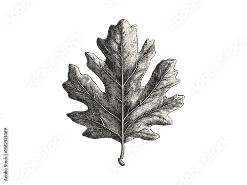 Hand-drawn engraving of oak tree leaf, vintage style illustration, black sketch, oak leaf pattern, botanical print, rustic decor, forest flora, nature-inspired art, classic engraving style
