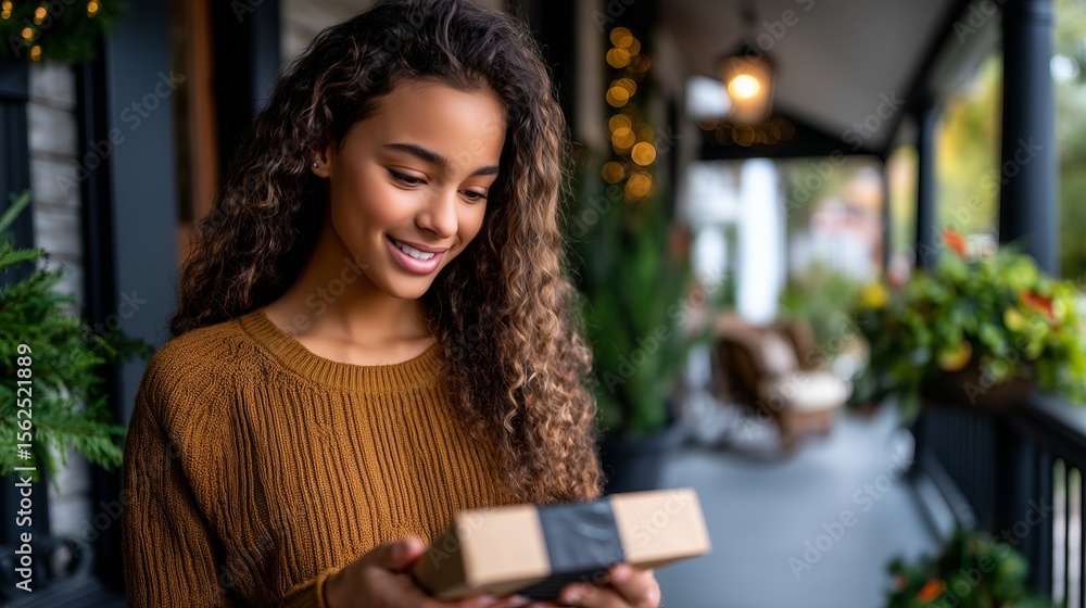 Cheerful curly haired woman beaming with excitement, clutching festive wrapped gift near decorated holiday porch, embodying seasonal happiness,delivery package Cheerful curly haired woman beaming with excitement, clutching festive wrapped gift near decorated holiday porch, embodying seasonal happiness,delivery package