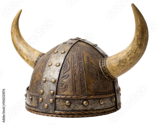  Ancient viking helmet with horns, isolated PNG transparent background