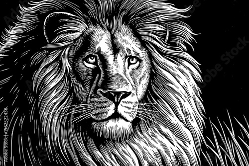 lion with a flowing mane staring forward, perfect for branding, power-themed art or symbolic tattoo designs a black and white line art illustration