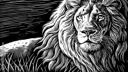 lion with a flowing mane staring forward, perfect for branding, power-themed art or symbolic tattoo designs a black and white line art illustration
