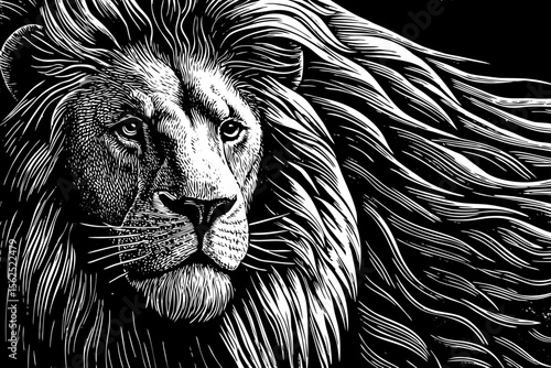 lion with a flowing mane staring forward, perfect for branding, power-themed art or symbolic tattoo designs a black and white line art illustration