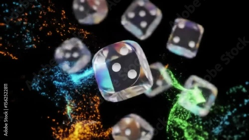 Transparent dice falling through green mist background representing gambling
