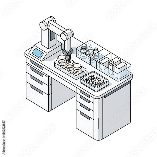 Laboratory bench setup for chemical or biological analysis.