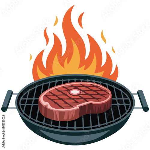 Sizzling barbecue steak with flames and juicy meat cuts cartoon style isolated on white