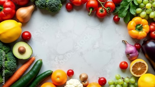 A colorful assortment of fresh fruits and vegetables arranged around a light gray surface top view