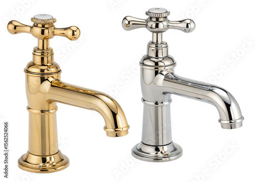 Gold and silver faucet, isolated PNG transparent background