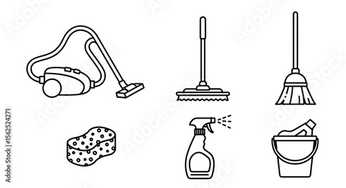 Outlined cleaning supplies including vacuum, mop, broom, sponge, spray bottle, and bucket arranged neatly
