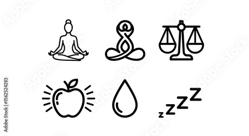 Collection of wellness icons depicting balance, meditation, nutrition, rest, and hydration