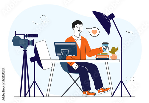 Blogger shoots blog. Man with coffee in hands sits in front of camera and softbox. Professional blogger and vlogger. Streaming and blogging, broadcasting. Linear vector illustration
