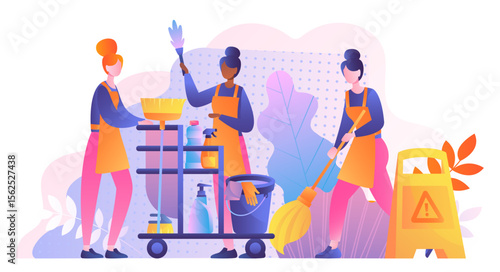 Cleaning service workers. Women in uniform with cleaning products, bucket and mops, sponge and brush. Cleanliness and hygiene. Routine and household chores. Flat vector illustration