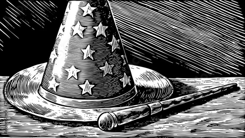 wizard’s hat with stars and a magic wand, ideal for fantasy book covers, children’s content or gaming design a black and white line art illustration