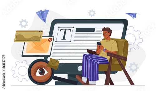 Content manager man. Businessman with smartphone read article online. Copywriter or editor. Talented author and content creator. SEO or SMM specialist. Flat vector illustration