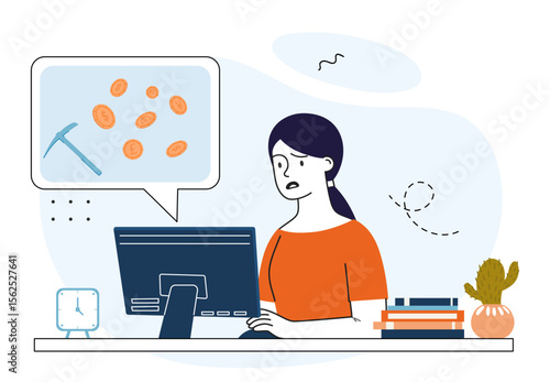 Cryptojacking. Woman installs miner on computer. Viruses and Internet Dangers, cybercrimes. Malware and phishing software. Online threat. Linear vector illustration