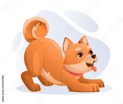 Dog character concept. Adorable puppy ready to jump. Pet wearing red collar. Playful domestic animal want to plays. Brown active dog. Cartoon vector illustration