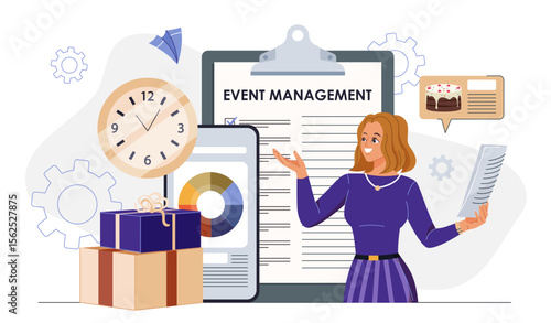 Event management concept. Woman near check list, watch and gifts. Wedding planner and manager. Business party coordinator. Holiday and festival. Flat vector illustration