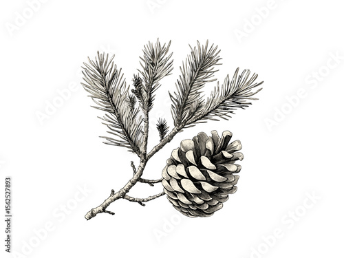 Hand-drawn vintage botanical illustration, engraving of pinecone tree, pinecone branches, evergreen tree, eco-friendly tree decor, retro woodland art, black sketch, old engraving style, nature print