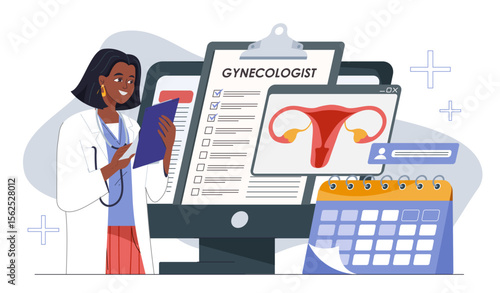 Gynecologist doctor online. Woman in medical uniform near female reproductive system structure. Healthcare and medicine. Consultation with medical specialist. Flat vector illustration