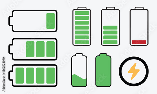 set of battery icons, Battery Level Icon Set of Line Vector Style with Low, Medium, Full, and Charging Indicators