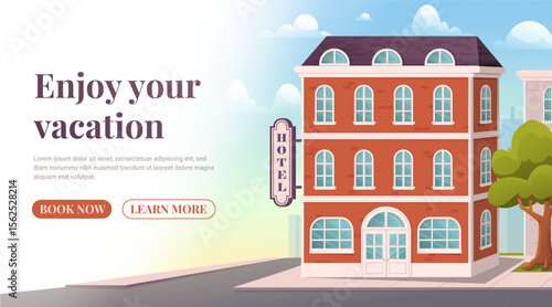 Hotel landing page. Building for travelers and tourists. Holiday and vacation, journey and travel. Hostel and motel. Poster or banner for website. Flat vector illustration
