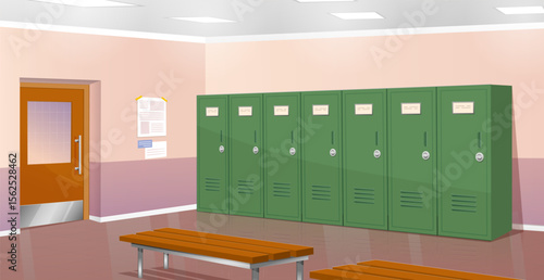Locker room. Green closets and brown benches. Modern premises in school. Athletic room in gym. Active lifestyle and sports, training. Cartoon vector illustration