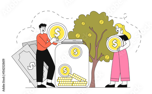 Money accumulation concept. Man and woman with gold coins near jar. Budgeting and accounting. Financial literacy and passive income. Savings and pension. Linear vector illustration