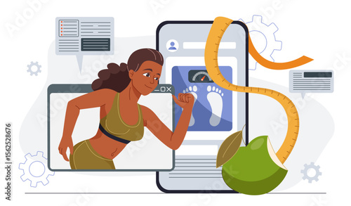 Nutritionist online concept. Woman with measuring tape and apple, digital weights. Active lifestyle and sports. Fitness and workout. Proper diet and nutrition. Flat vector illustration