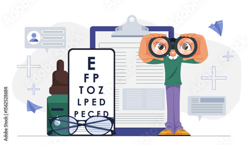 Oculist service online. Man with binoculars near glasses, eye drops and vision test. Healthcare and medicine. Ophtalmologist service online. Diagnosis and treatment. Flat vector illustration