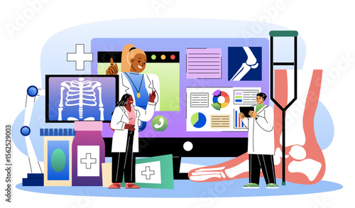 Team of radiologists. Man and woman in medical uniform near foot xray. Roentgen of leg. Diagnosis and treatment. Anatomy and biology. Medical consultation online. Flat vector illustration