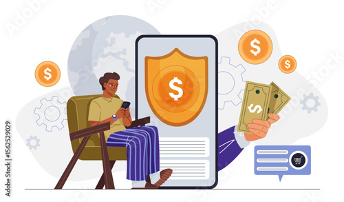 Man received refund. Young guy with smartphone near banknotes and gold coins. Special offers for regular customers. Discounts and promotions. Referral marketing. Flat vector illustration