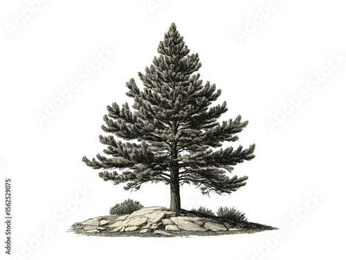 Ponderosa Pine bark engraving, vintage black sketch, hand-drawn evergreen tree art, retro forest illustration, eco-friendly nature print, old engraving style, rustic tree texture