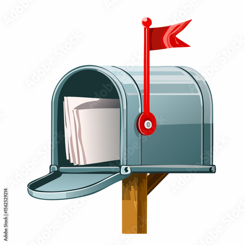 American-style mailbox with red flag raised, curved top, and mail peeking from a partially open door.
