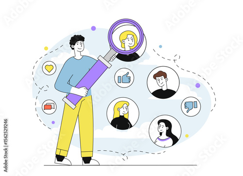 Man search for candidates. HR manager evaluates candidates for vacancies with magnifying glass. Headhunting and recruitment, hiring. Job interview. Linear vector illustration