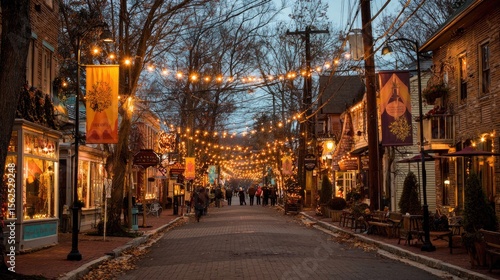 A quaint small town street decorated for Thanksgiving, string lights, seasonal banners, people strolling, cozy evening atmosphere
