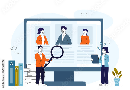 People searching for employee. Man with magnifying glass and woman near computer screen with candidate profiles. Hiring process, headhunting and recruiting. Linear vector illustration