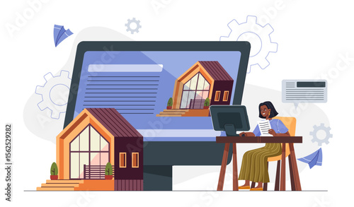 Woman chooses house online. Young girl with computer assessing buildings. Real estate agent. Rent and mortgage, room reservation. Investment and trading. Flat vector illustration
