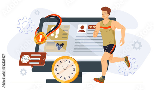 Man doing sports. Young guy jogging near computer screen with medal. Active lifestyle port. Marathon or sprint. Workout and fitness, cardio training. Flat vector illustration